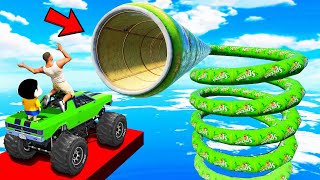 SHINCHAN AND FRANKLIN TRIED THE CURVY SPIRAL TUNNEL PARKOUR CHALLENGE USING BIKES CARS GTA 5 screenshot 4