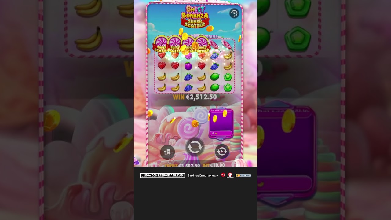 Captura de pantalla de la pantalla de juego de Sweet Bonanza mostrando caramelos y multiplicadores