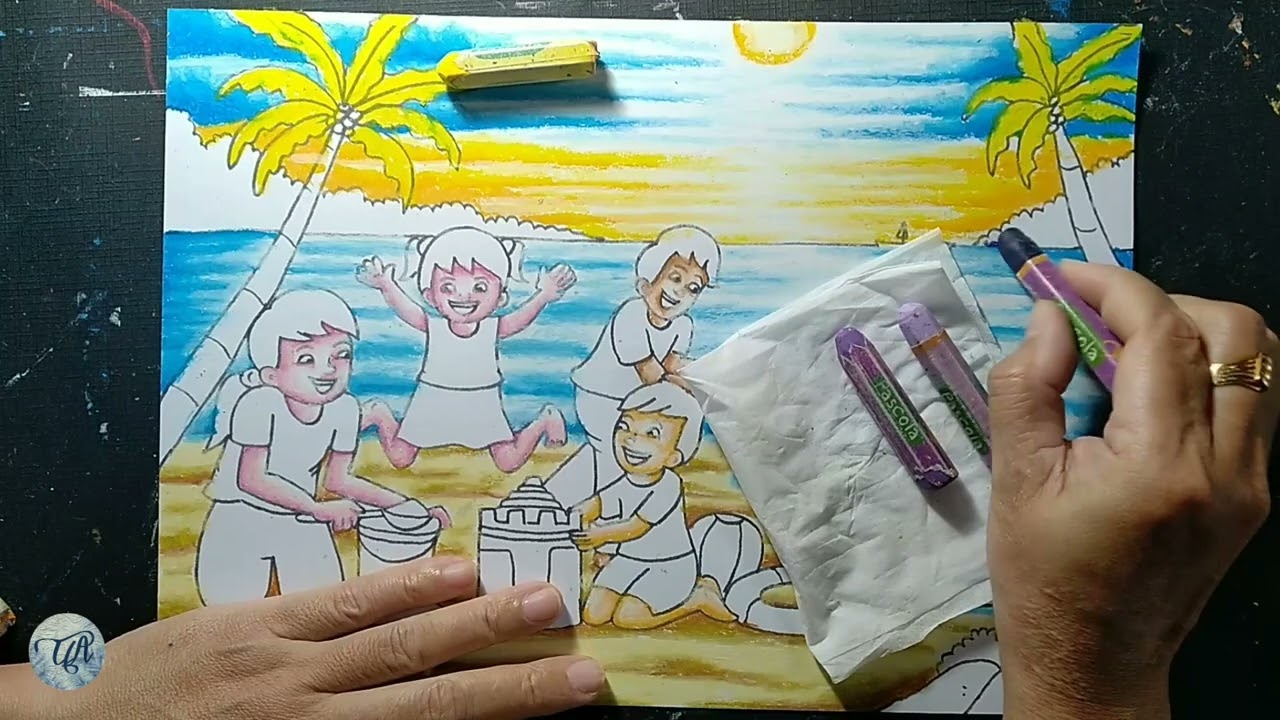 Mewarnai Gambar Tema Liburan/Piknik Ke Pantai dengan Crayon Pascola