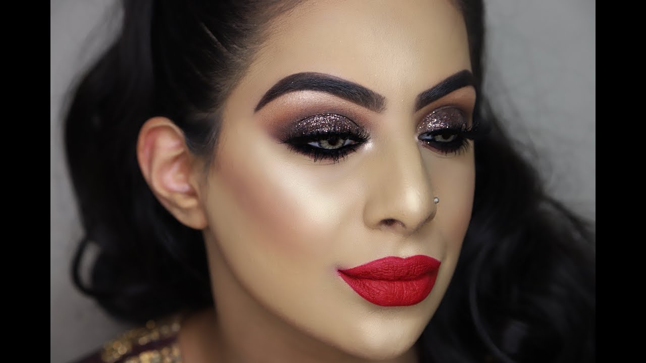 Glittery Smokey Eyes With Red Lips Youtube