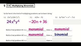 Algebra I - 2.6 Multiplying Binomials