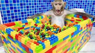 Bim Bim Lego Bathtub  Adventure With M&M Candy And Baby Monkey Obi