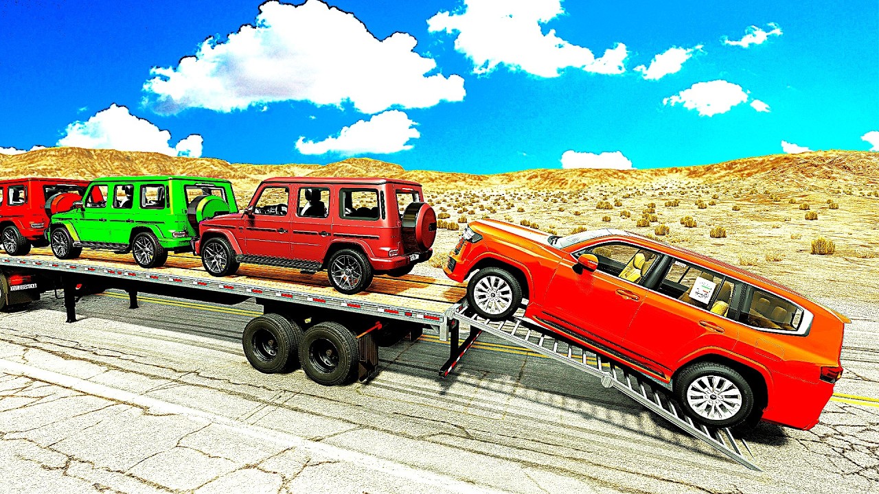 Four Trucks Transporting cars with Flatbed Trailers | Cars vs Speedbump vs Train vs Pothole #000