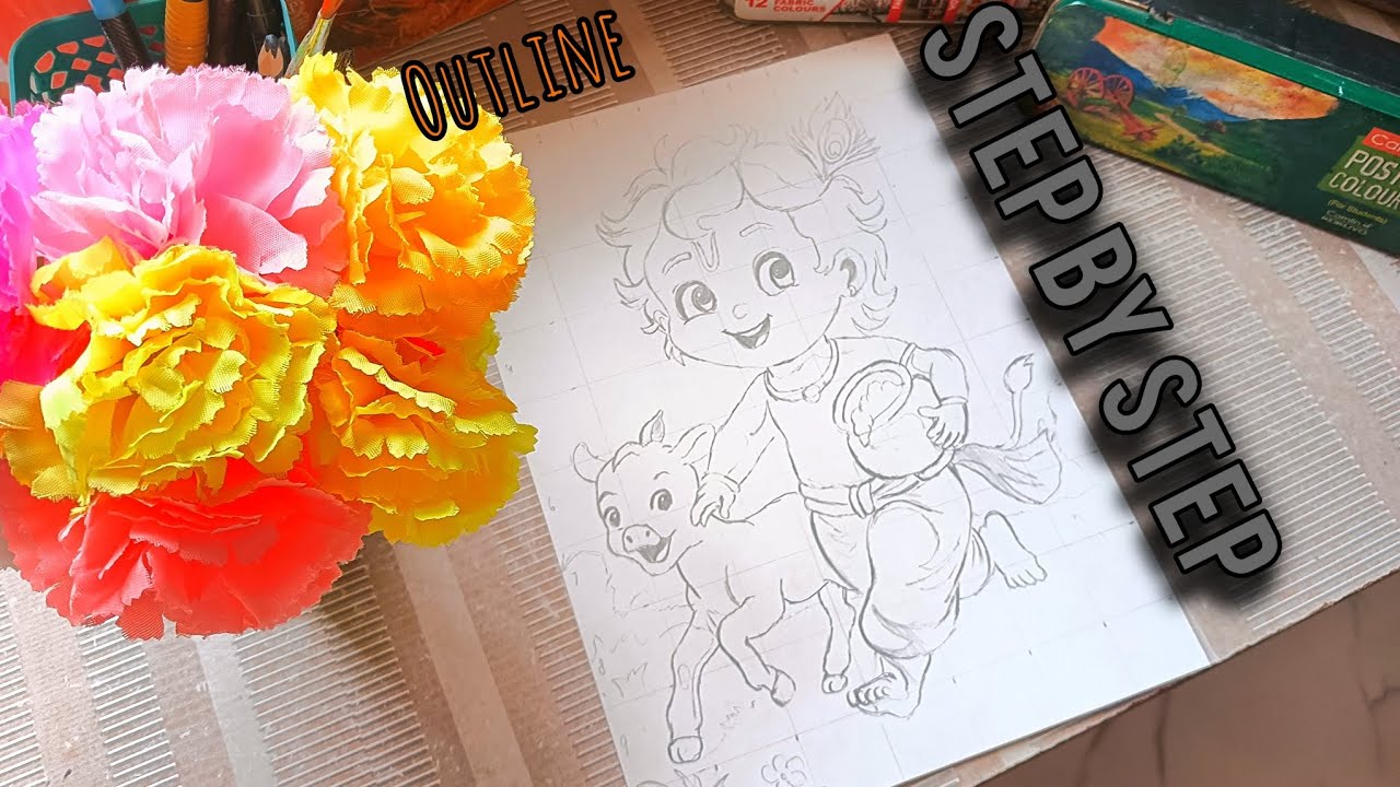 Draw with me -  Cute Shree Krishna drawing, Shree Krishna drawing easy, Outline Tutorial 😍