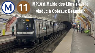Métro ligne 11 MP14 à Mairie des Lilas + viaduc à Coteaux Beauclair