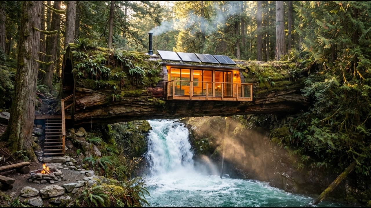Building A Secret Room Inside A Tree Trunk Over A Waterfall (ASMR)