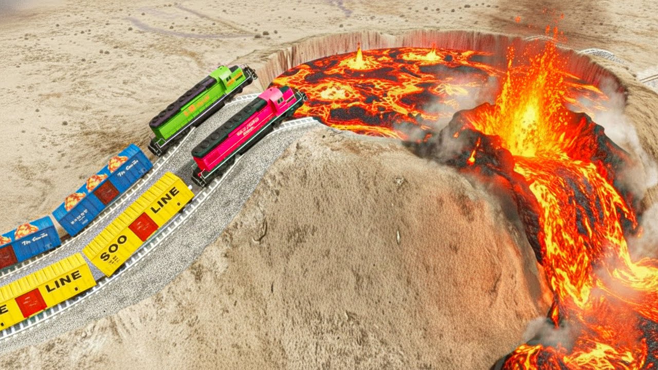 Train and Cars vs Giant Lava Creator & Double Rails - BeamNG.Drive