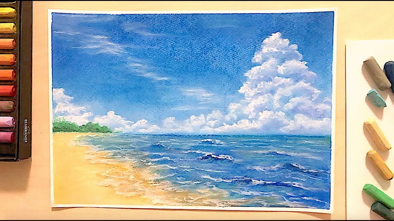 夏アート 夏の海と波 入道雲の描き方withパステル Youtube