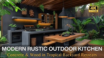 Modern Rustic Outdoor Kitchen Design with Concrete & Wood in Tropical-Inspired Backyard Retreats