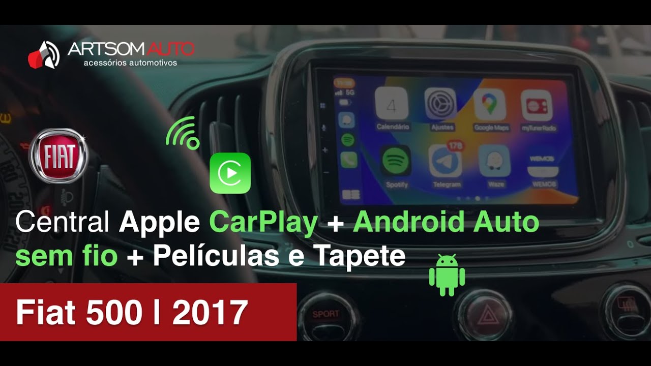 Fiat500 | 2017 - Central CarPlay + Android Auto sem fio + Películas e Tapete - ArtsomAuto