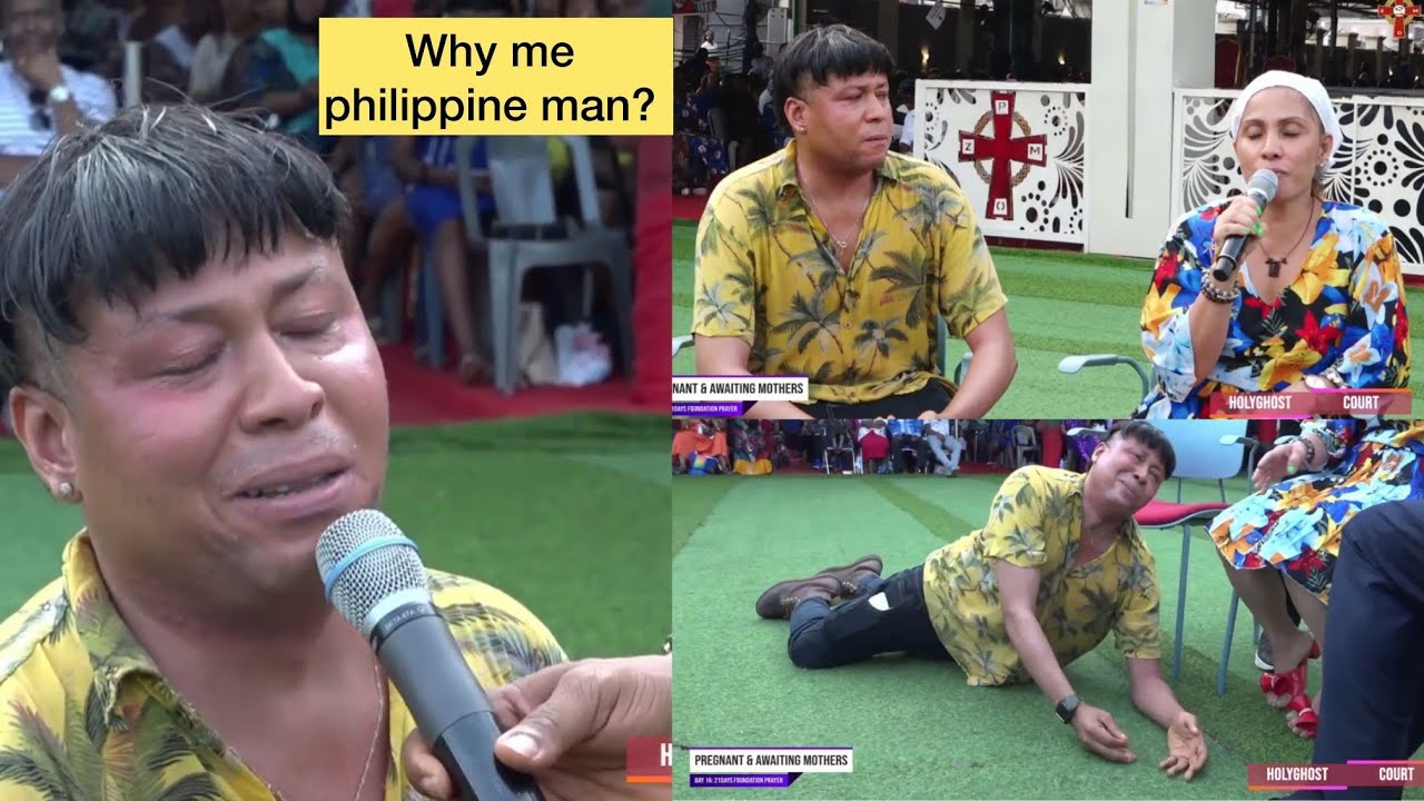 Филиппинские мужчина и женщина плачут в суде Святого Духа. Происходят события.