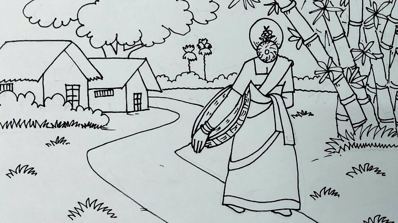 How to draw simple village scenery / Drawing village scenery / Step by ...