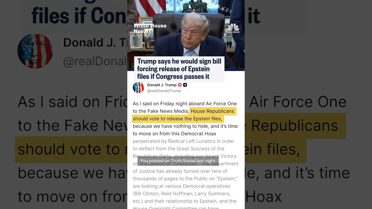 Trump says he would sign bill forcing release of Epstein files if Congress passes it