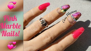 Short Pink Acrylic Nails | Marble Ink Bling Nails