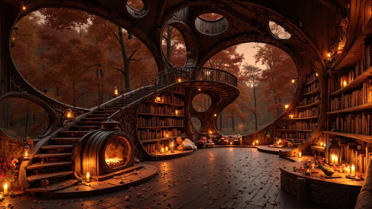 Misty Autumn Rain Jazz 🍁 Rustic Library with Spiral Staircase & Fireplace Glow