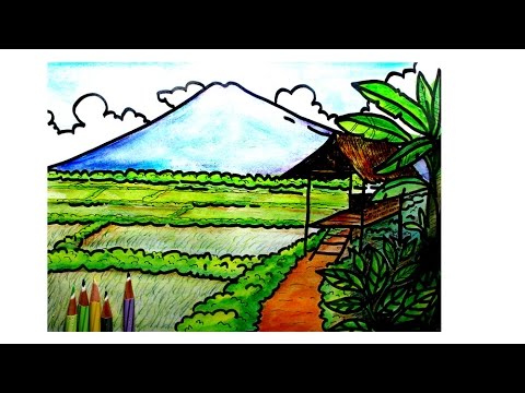 Cara menggambar pemandangan sawah yang mudah - YouTube