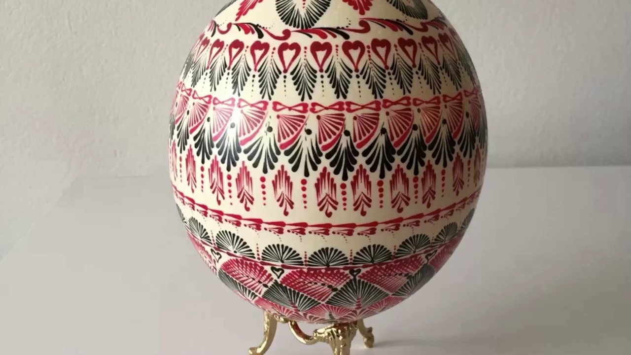 Ostrich egg pysanka Easter egg decorated with black and red color - YouTube