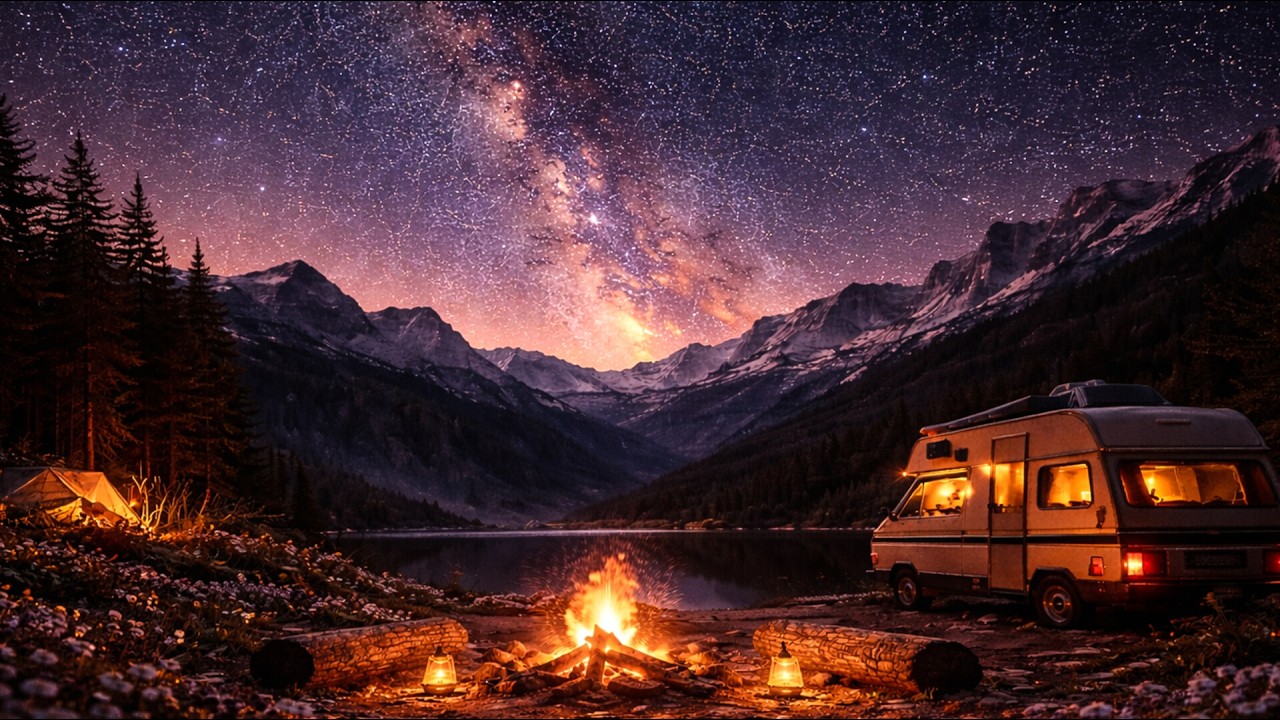 Deep Sleep Mountain CAMPFIRE with Camper Van , Milkyway , Stress Relief, Fire, Meditation - ASMR