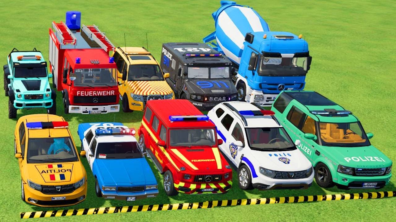 TRANSPORTING POLICE CARS, AMBULANCE, FIRE TRUCK, COLORFUL CARS WITH TRUCK -FARMING SIMULATOR 22!