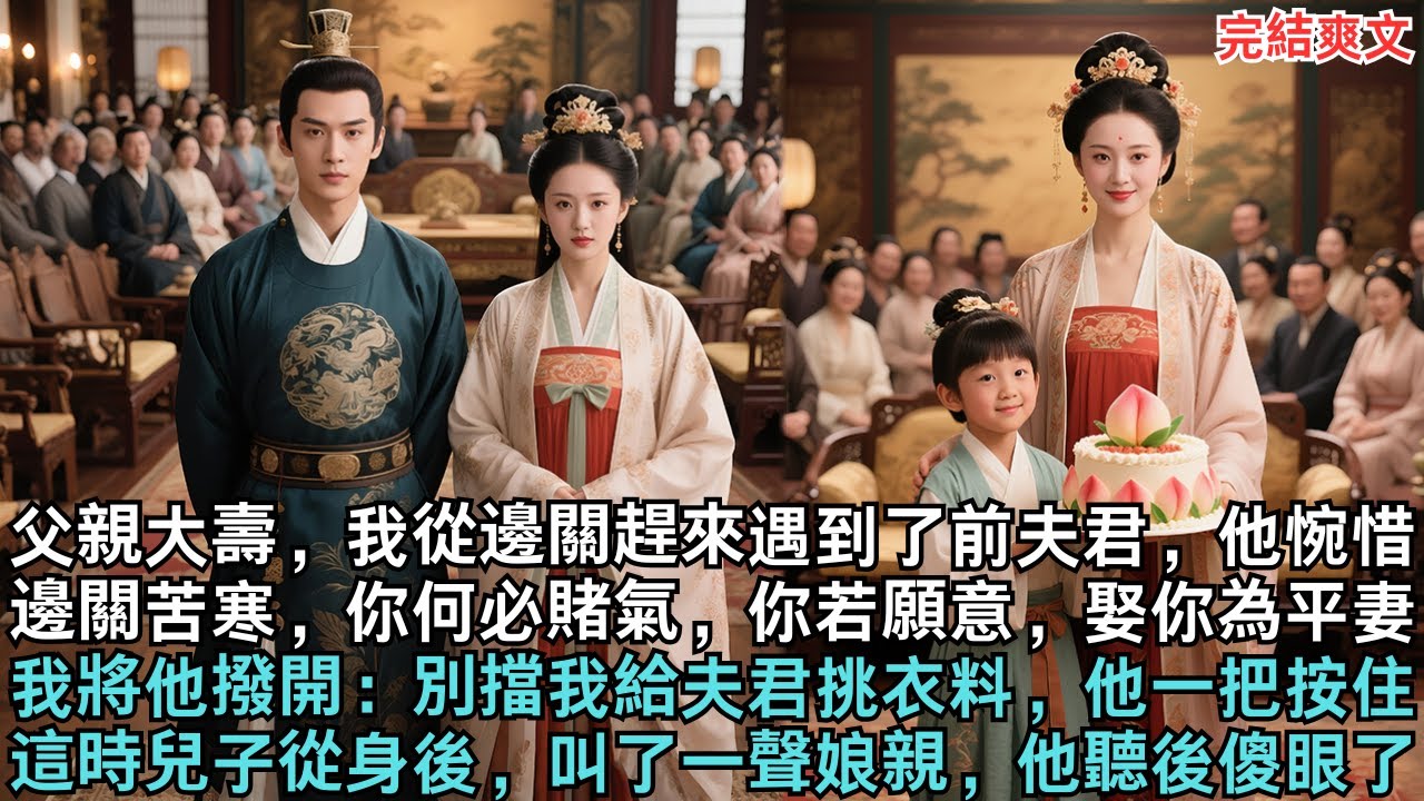 父親大壽，我從邊關趕來遇到了前夫君，他惋惜，邊關苦寒，你何必賭氣，你若願意，娶你為平妻，我將他撥開：別擋我給夫君挑衣料，他一把按住，這時兒子從身後，叫了一聲娘親，他聽後傻眼了