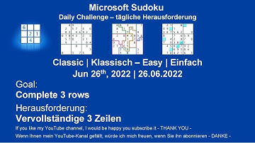 Microsoft Sudoku | Classic - Easy | Jun 26, 2022 | Daily Challenges