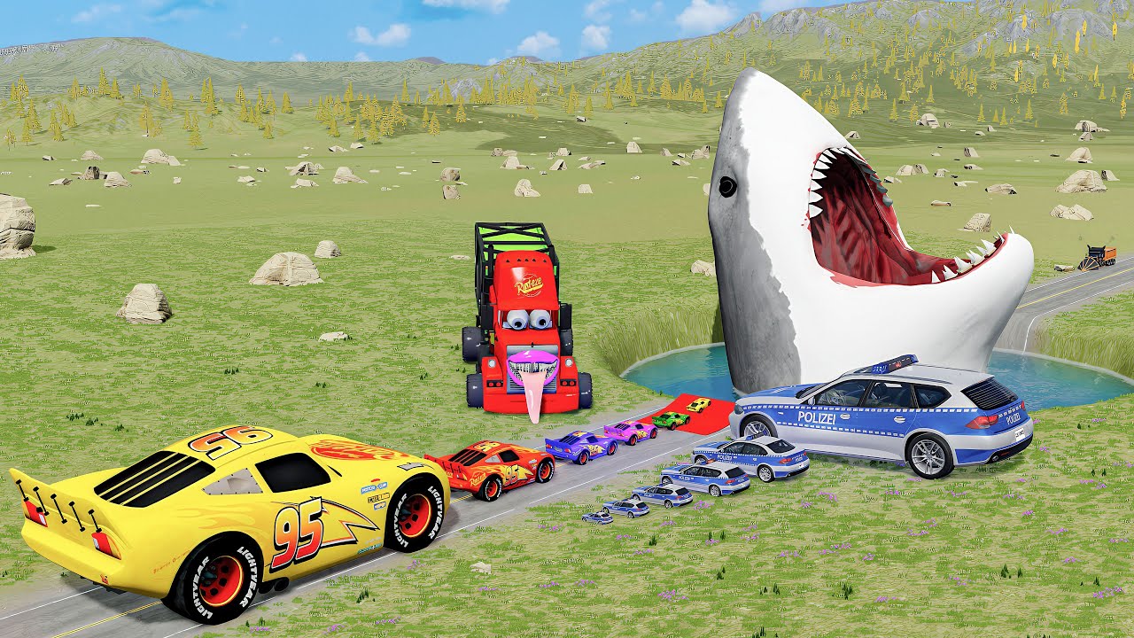 Big & Small McQueen, Police Cars & Zombie Mack vs Shark Mouth Pit – BeamNG.drive