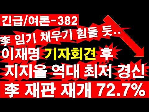 [긴급/여론-382] 이재명 기자회견 후, 지지율 역대 최저 경신. 이재명 재판 재개 해야 72.7%. 대통령 임기 채우기 힘들 듯.. [정광용TV, 레지스탕스TV]