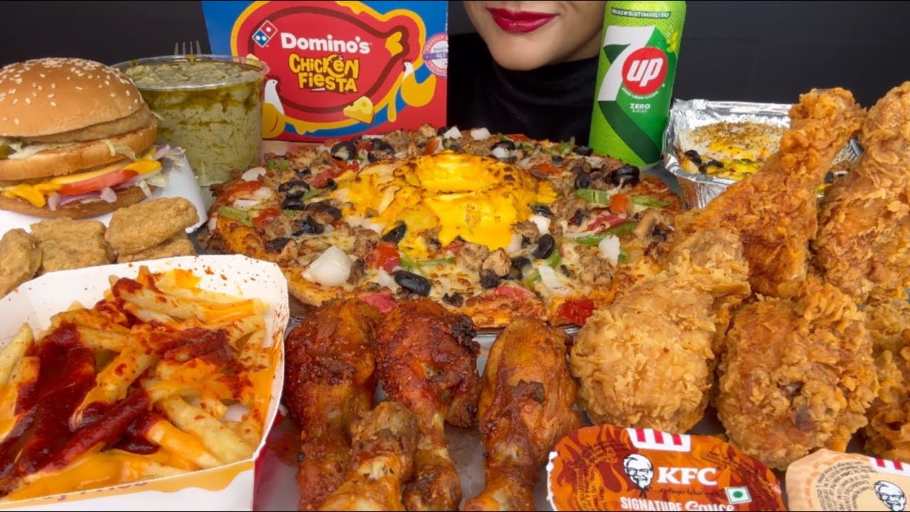 DOMINOS VOLCANO CHEESE PIZZA,KFC FRIED CHICKEN,CHEESY FRIES,MCDONALDS BURGER *ASMR EATING