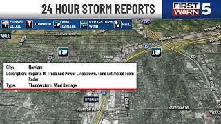 Storm damage reports indicate severe thunderstorm wind damages in Merriam, Kansas City