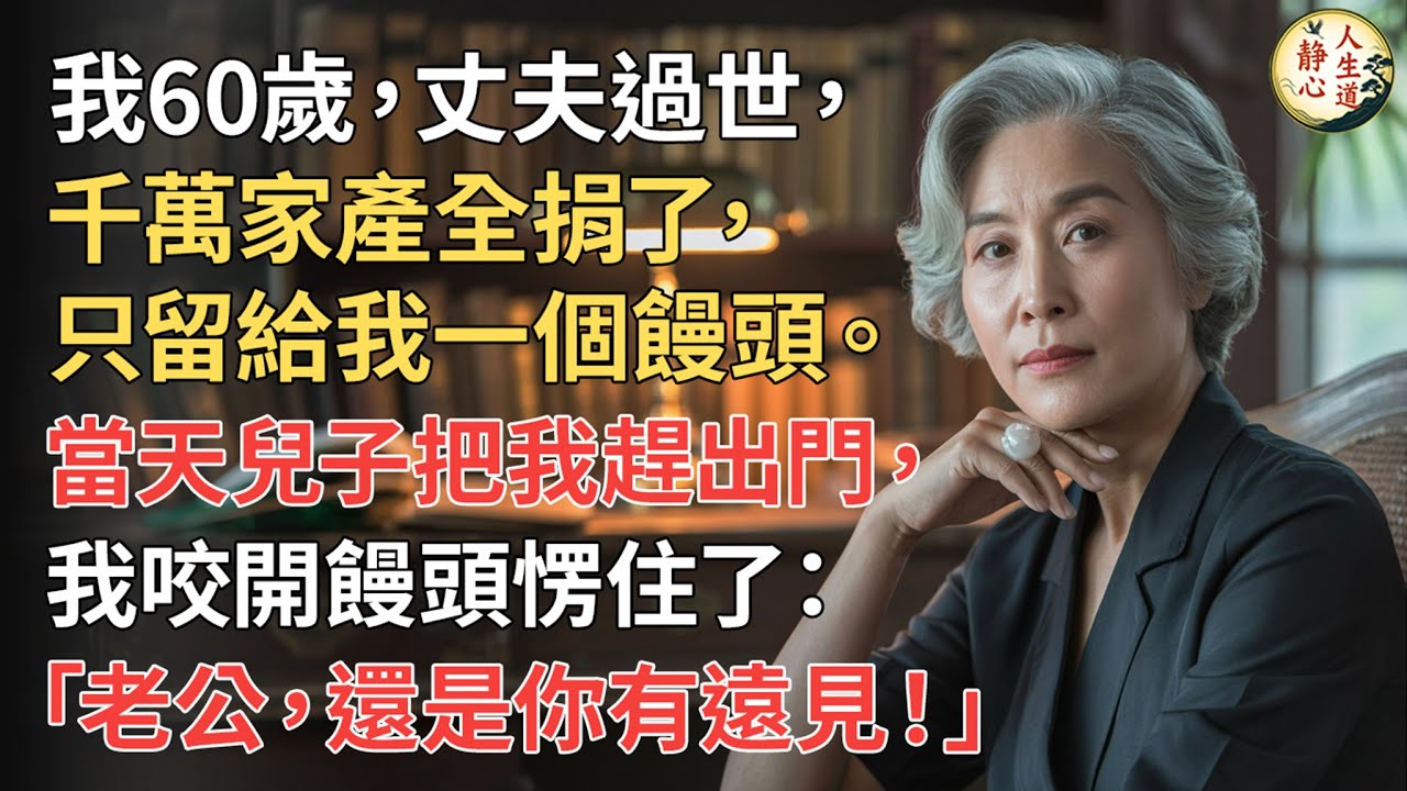 【我60歲】丈夫過世，千萬家產全捐了，只留給我一個饅頭。當天兒子把我趕出門，我咬開饅頭愣住了： 「老公，還是你有遠見！」