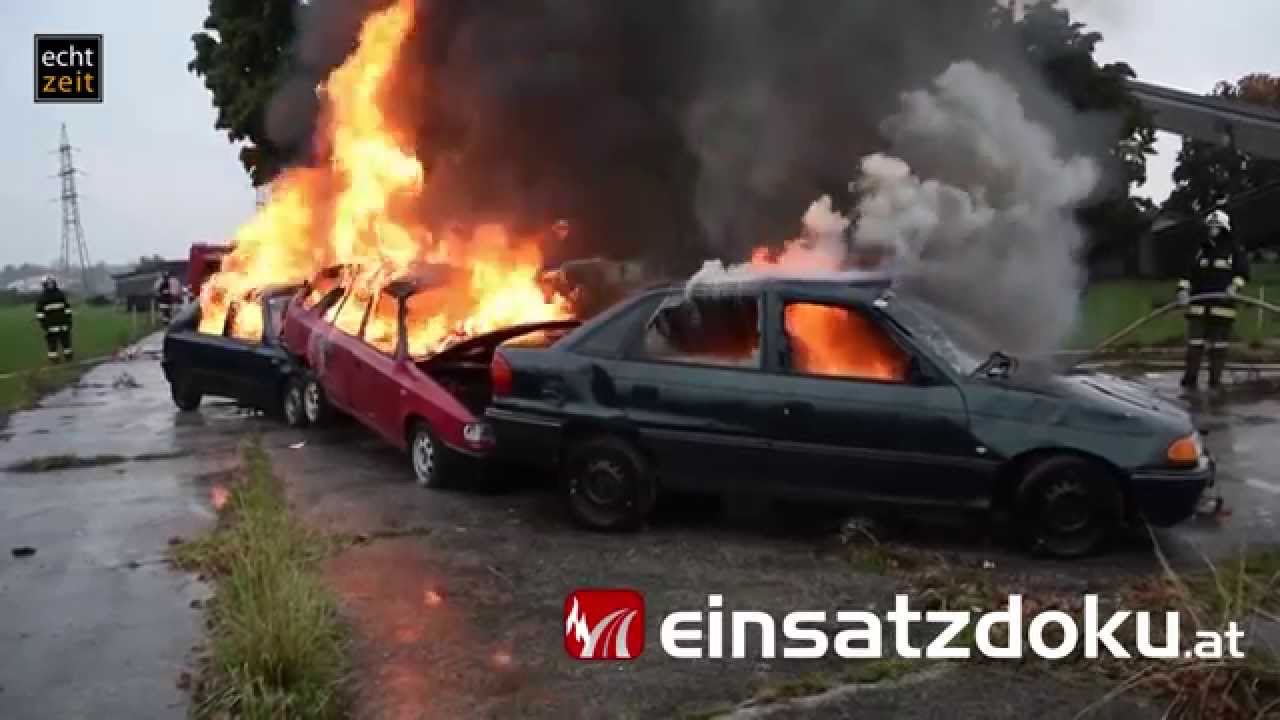 FF. Natschbach - 3 PKW im Test Vollbrand in 40 Sekunden gelöscht!