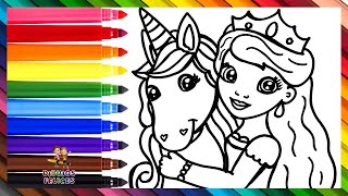Dibuja Y Colorea Una Princesa Con Un Unicornio Dibujos Para Niños