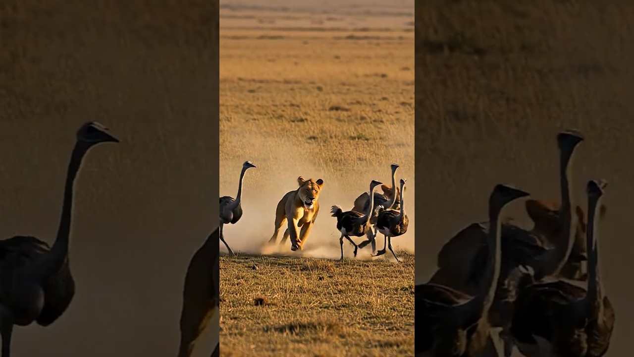 Can a lion hunt an ostrich in an African grassland? 