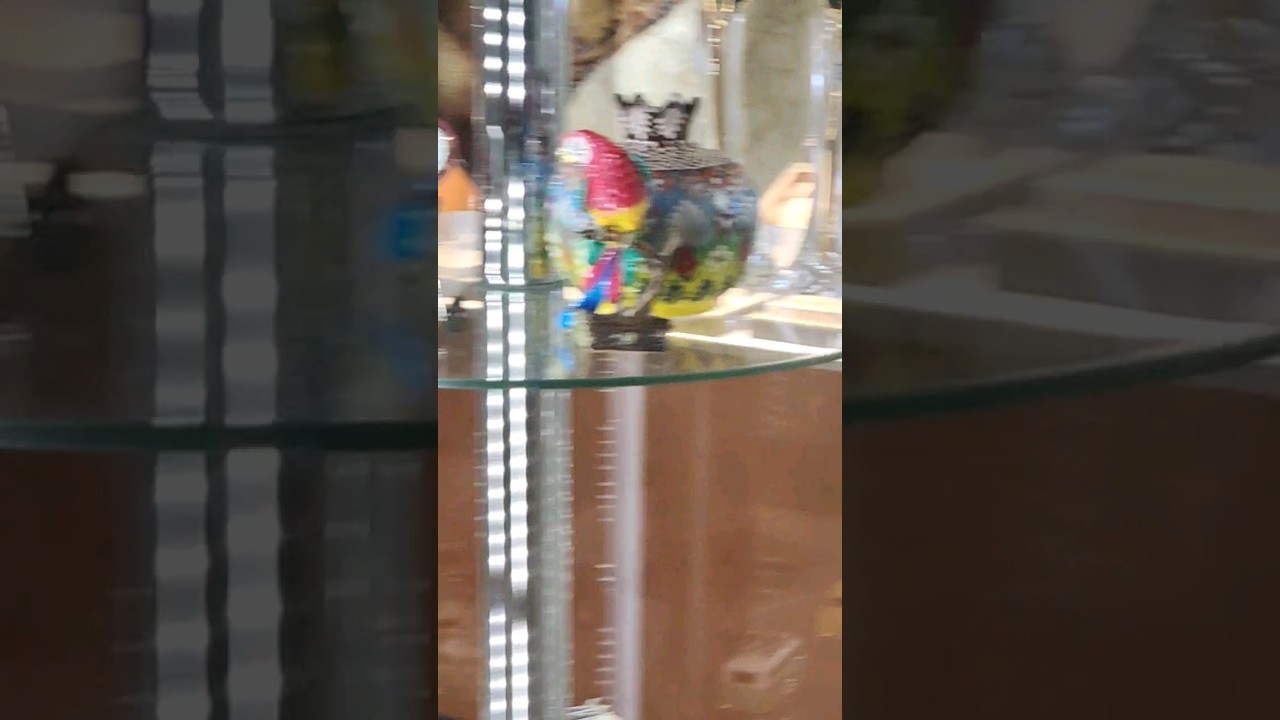 A macaw figure in a glass store made of intended material Fashion Island shopping Mall CA, 5/30/2023