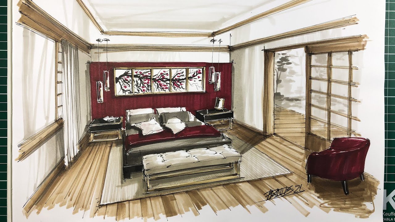 architectural sketch interior modern bedroom design Stock Illustration   Adobe Stock