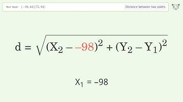 Find the distance between two points p1 (-98,64) and p2 (75,94): Step-by-Step Video Solution