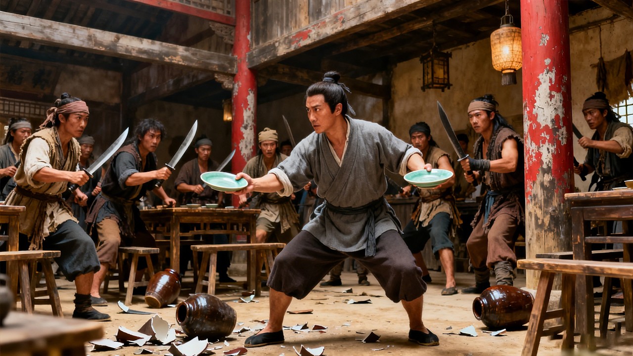 惡霸在客棧聚眾鬧事，殊不知店小二是隱藏的功夫高手，一劍橫掃他們！#kungfu   #武俠電影