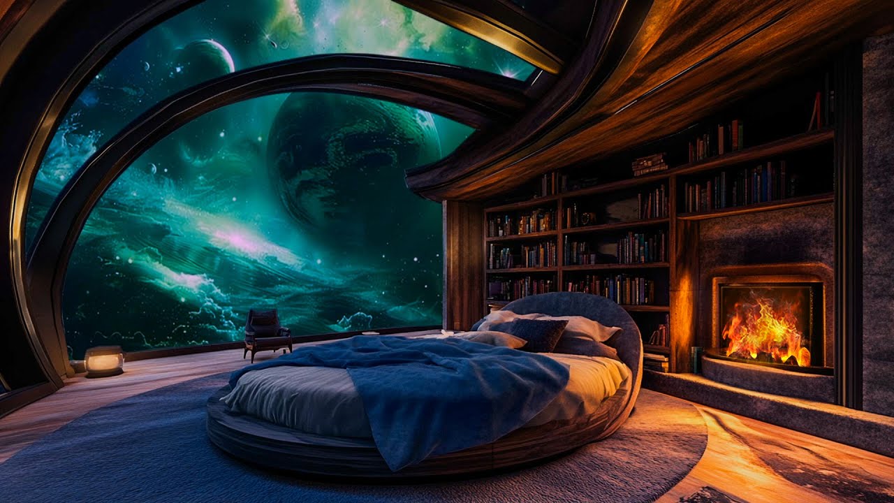 Futuristic Fireplace Ambience with Space Sounds | Sleep & Relax in Cozy ...