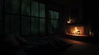 A quiet forest cabin surrounded by gentle rain with warm fireplace sounds through the night