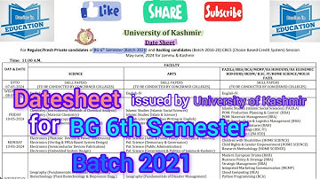 UG 6th Semester Batch 2021 Datesheet || University of Kashmir