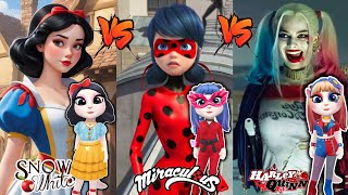 Snow White 🧑‍🌾🍎Miraculous ladybug🐞 and Harley Quinn 💙♥️Margot Robbie ♥️ My Talking Angela 2 cosplay