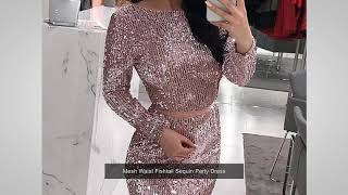 Mesh Waist Fishtail Sequin Party Dress