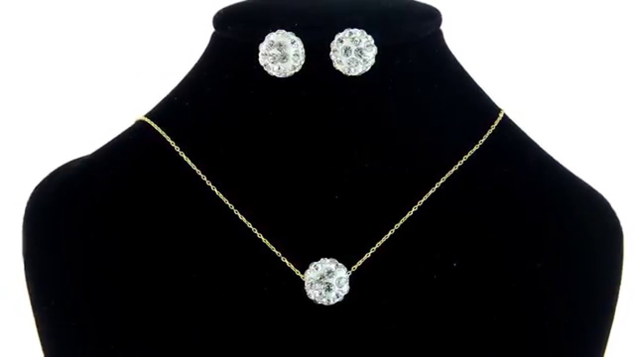 Vera Perla Solid Gold 10mm Simple Crystal Ball Necklace & Earrings