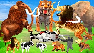 10 Giant Tiger vs 10 Buffalo vs 10 Zombie Cow Fight Mini Cow Saved By Elephant Vs Monster Mammoth