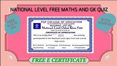 Free E quiz 2020 with answers-Free E certificate-National level Free Online quizzes on Maths and GK