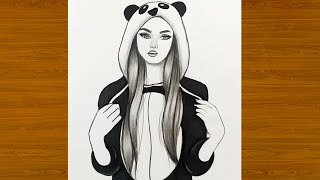 How to draw a cute girl wearing a panda تعليم رسم بنت كيوت ترتدي باندا بالرصاص / رسم / رسم بنات
