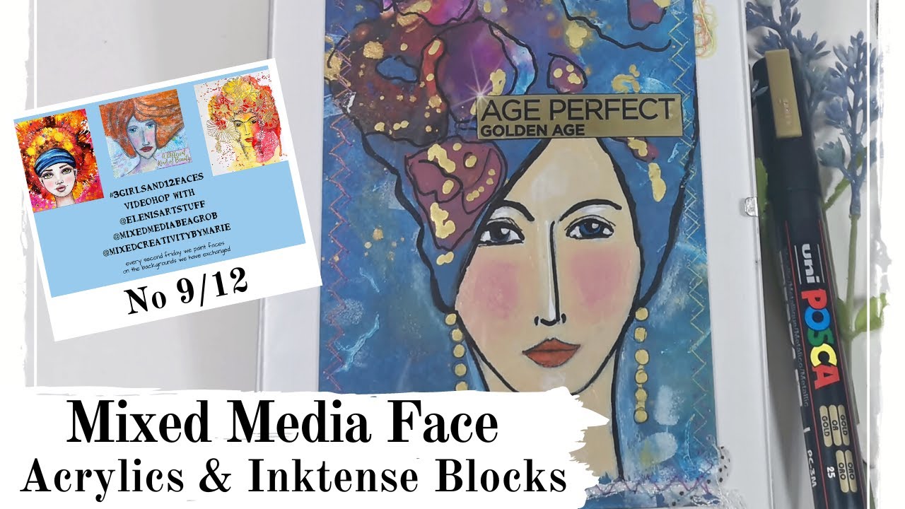Acrylics & Inktense Blocks Age Perfect 🎁Giveaway🎁 Mixed Media Face No 9/12 3Girlsand12Faces