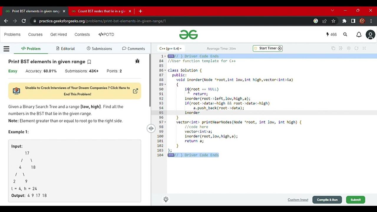 Print BST elements in given range Practice YouTube