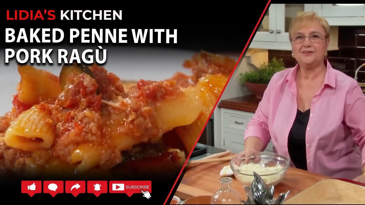 Запеченные пенне со свиным рагу