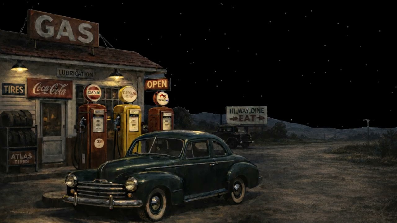 4 HOURS 1940s Gas Station Ambient 4K Starry Background Video | Night Sky & Peaceful Sleepy Sounds